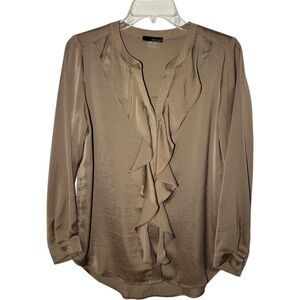 Renuar Taupe Satin Ruffle Blouse Size Small Womens Work Top